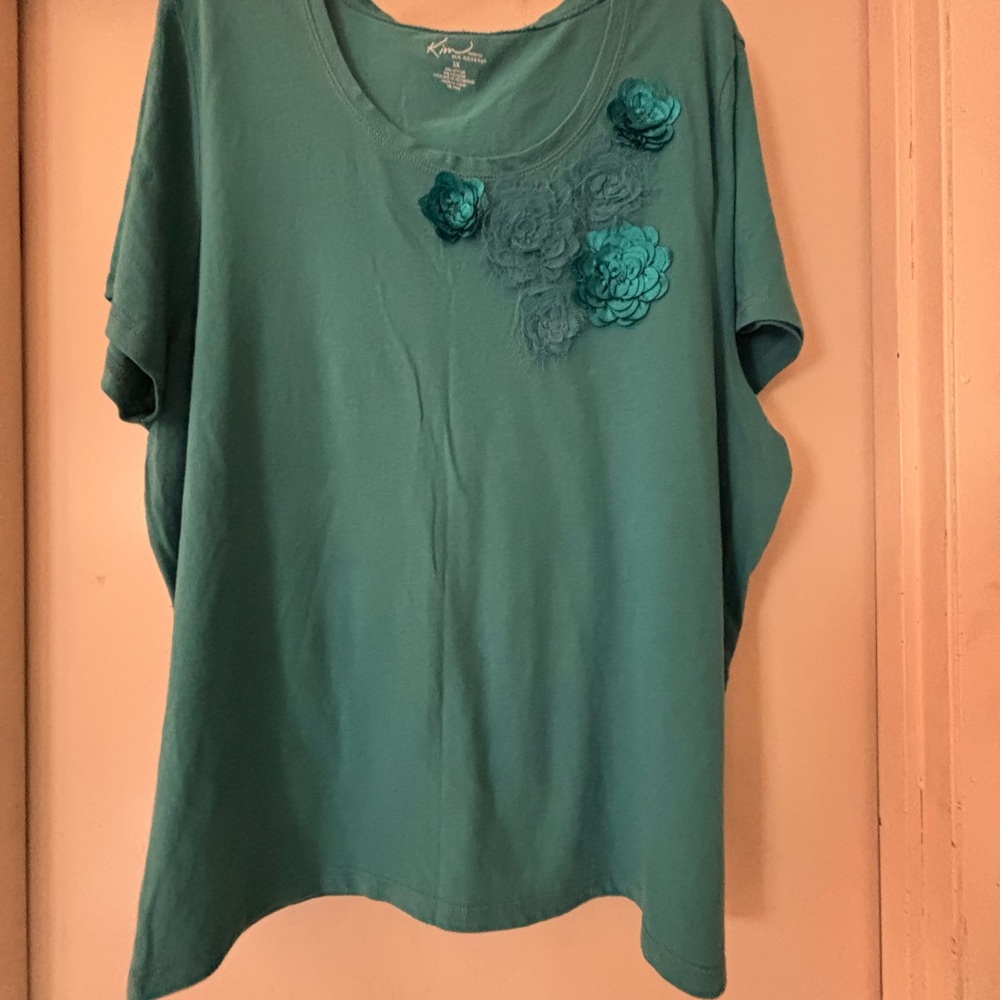 Koret Teal Floral Accent Blouse